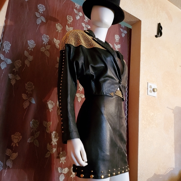 Black Leather w/ Gold Studs Skirt & Jacket Set - Picture 5 of 14